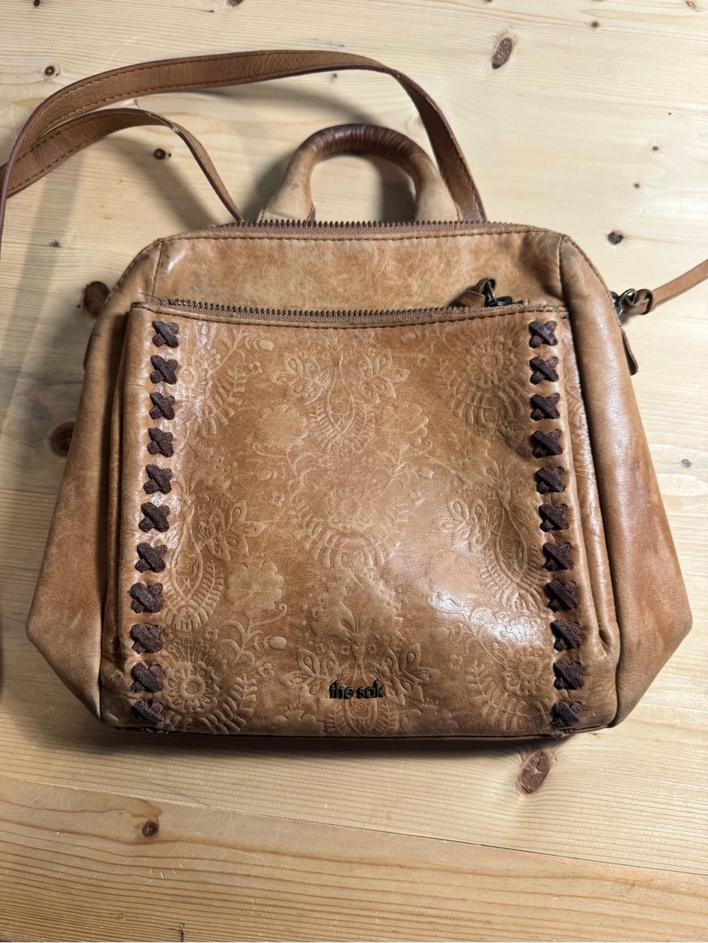 The Sak Brown Floral Embossed Zip Satchel Top Handle Detachable Strap